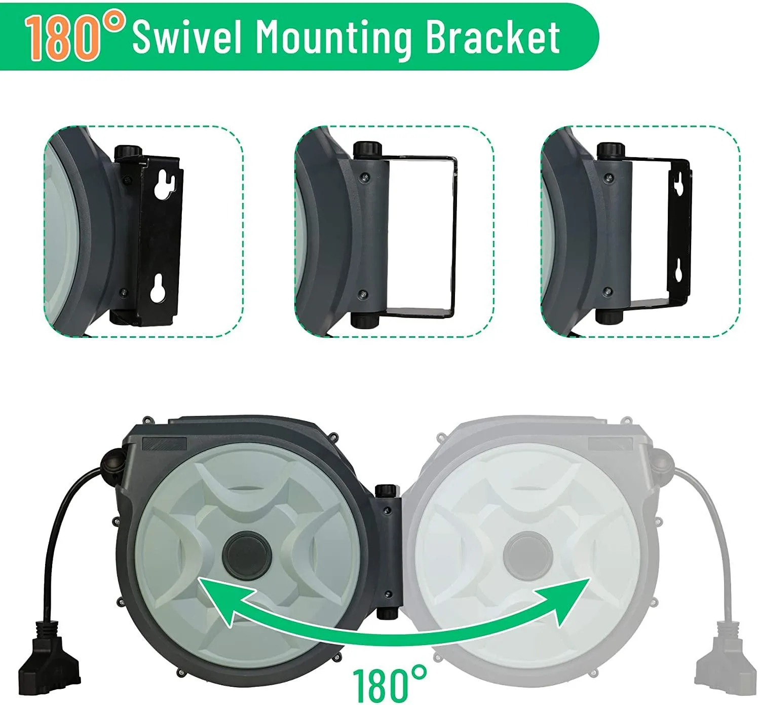 50 Feet Retractable Extension Cord Reel Ceiling Wall Mount SJT 14 AWG 3C 40 Inch Lead-in Supply Cord 3 Electrical Outlets