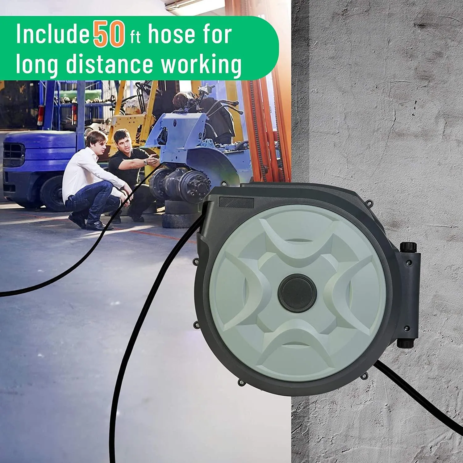 50 Feet Retractable Extension Cord Reel Ceiling Wall Mount SJT 14 AWG 3C 40 Inch Lead-in Supply Cord 3 Electrical Outlets