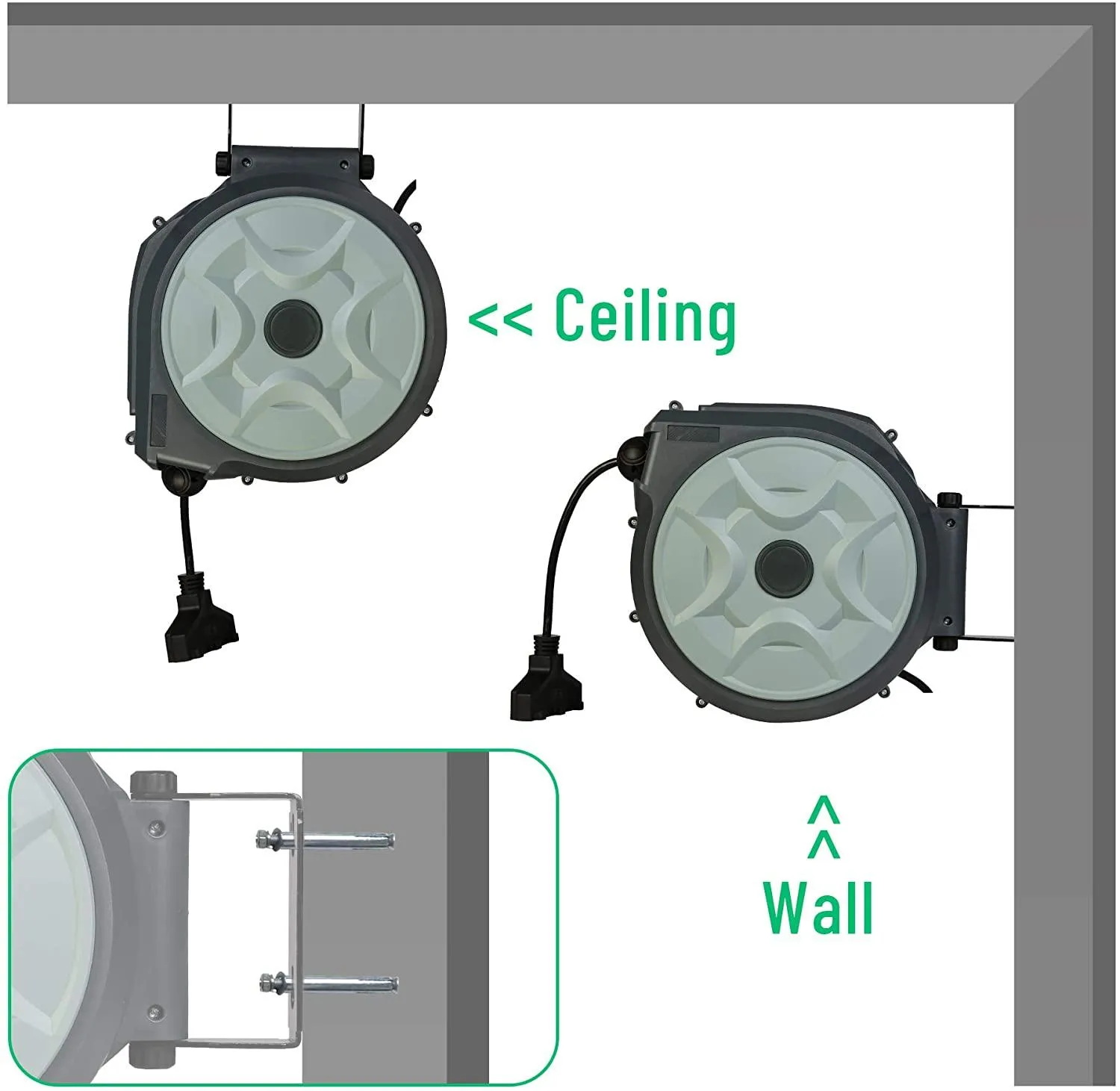 50 Feet Retractable Extension Cord Reel Ceiling Wall Mount SJT 14 AWG 3C 40 Inch Lead-in Supply Cord 3 Electrical Outlets