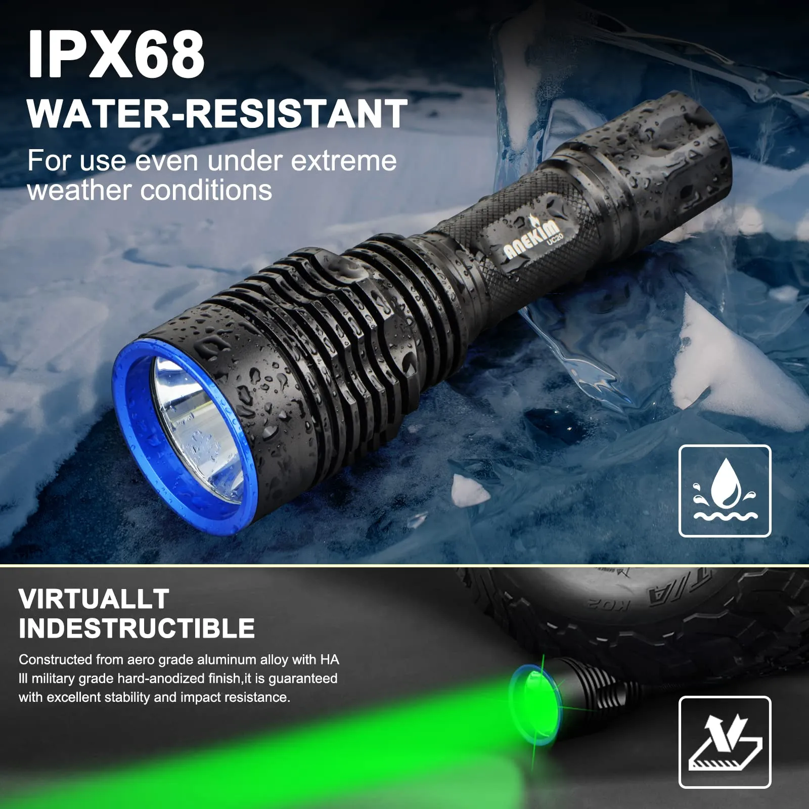 ANEKIM UC20 Green Hunting Flashlight kit, 1586 Yards Green LED Weapon Light, 2000 High Lumens Rechargeable Tactical Light, Picatinny Mount, Pressure Switch for Long Distance Night Hunt