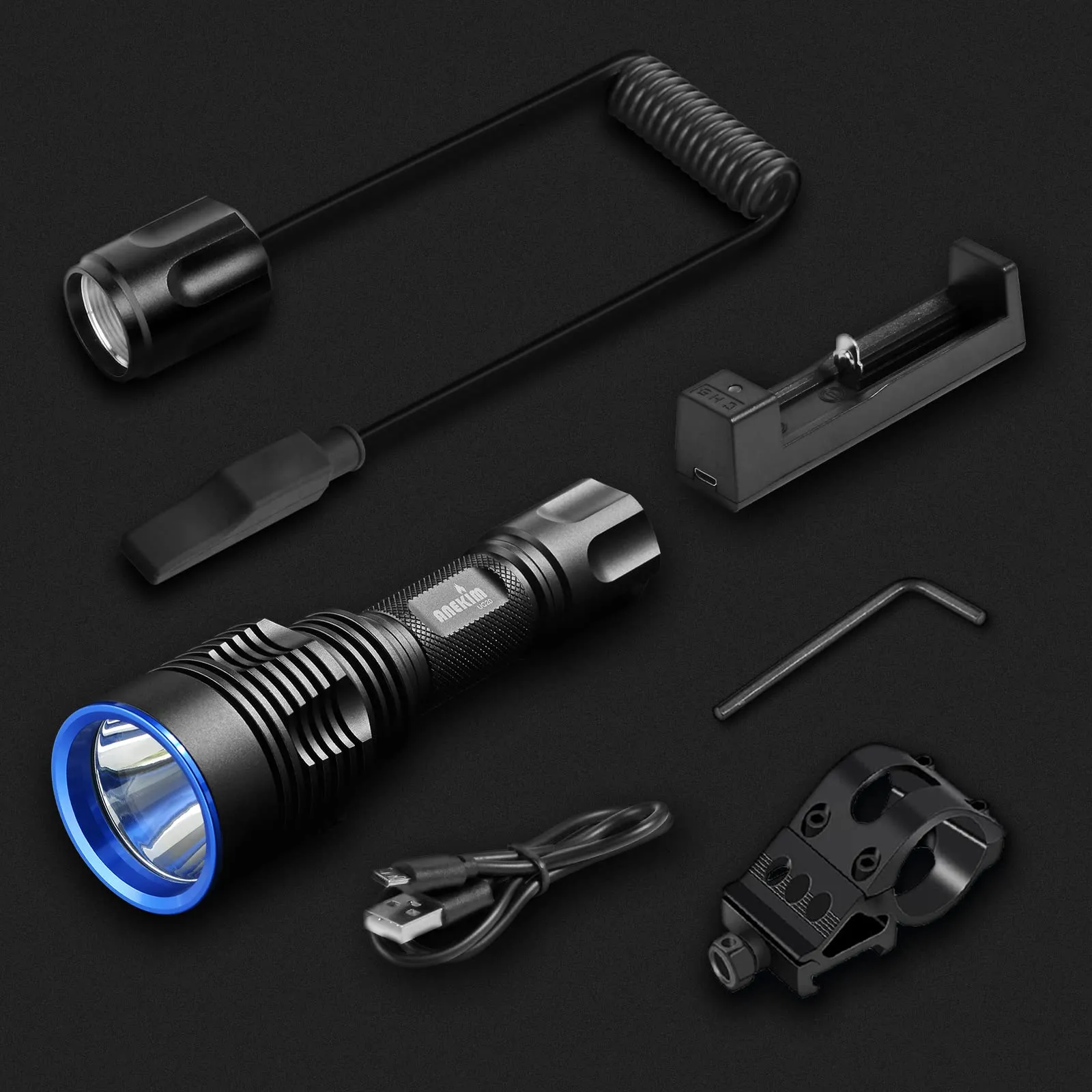 ANEKIM UC20 Green Hunting Flashlight kit, 1586 Yards Green LED Weapon Light, 2000 High Lumens Rechargeable Tactical Light, Picatinny Mount, Pressure Switch for Long Distance Night Hunt