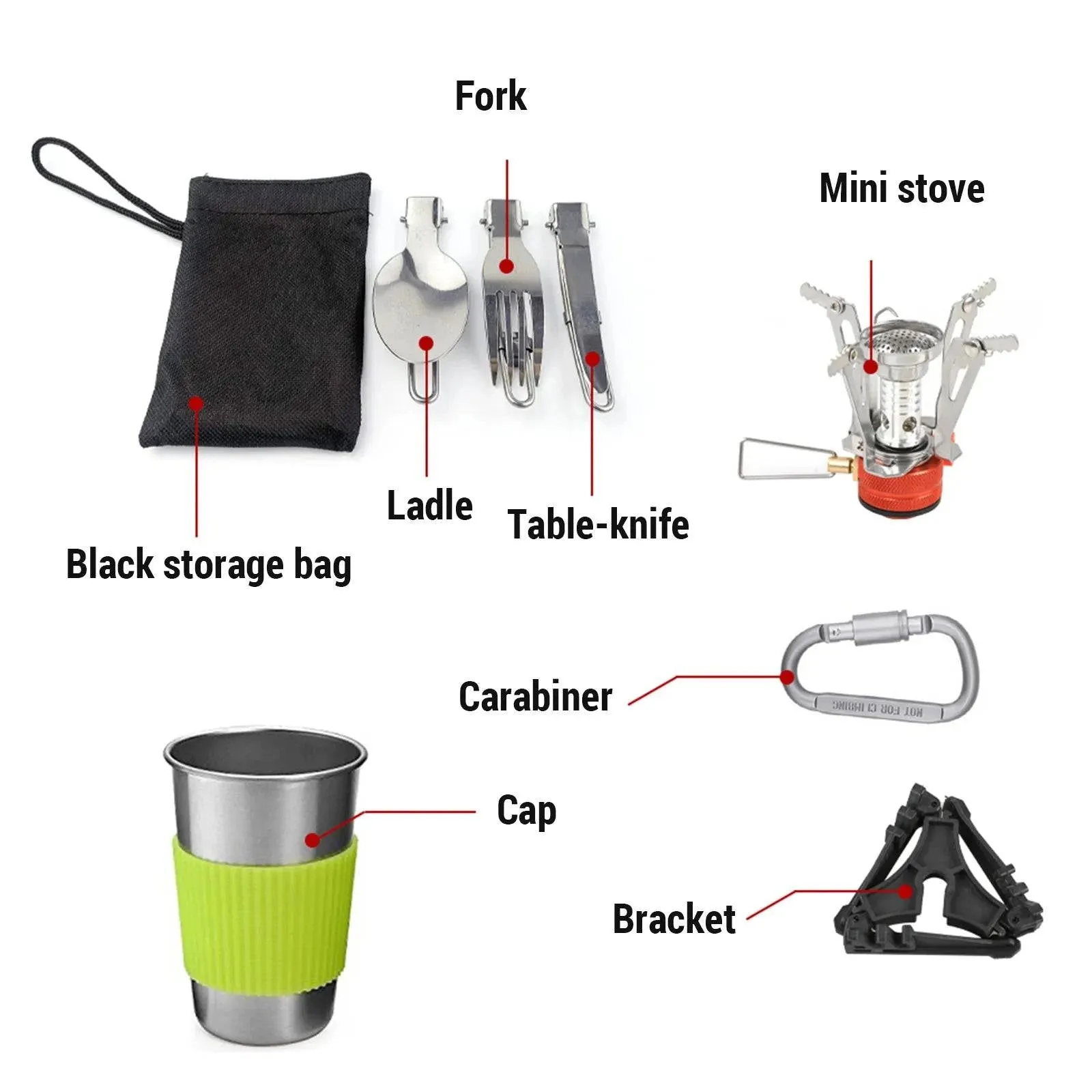 Camping Cookware Mess Kit 1-2 Person Portable Pot and Frying Pan Cup Fork Spoon Set for Camping Hiking Picnic