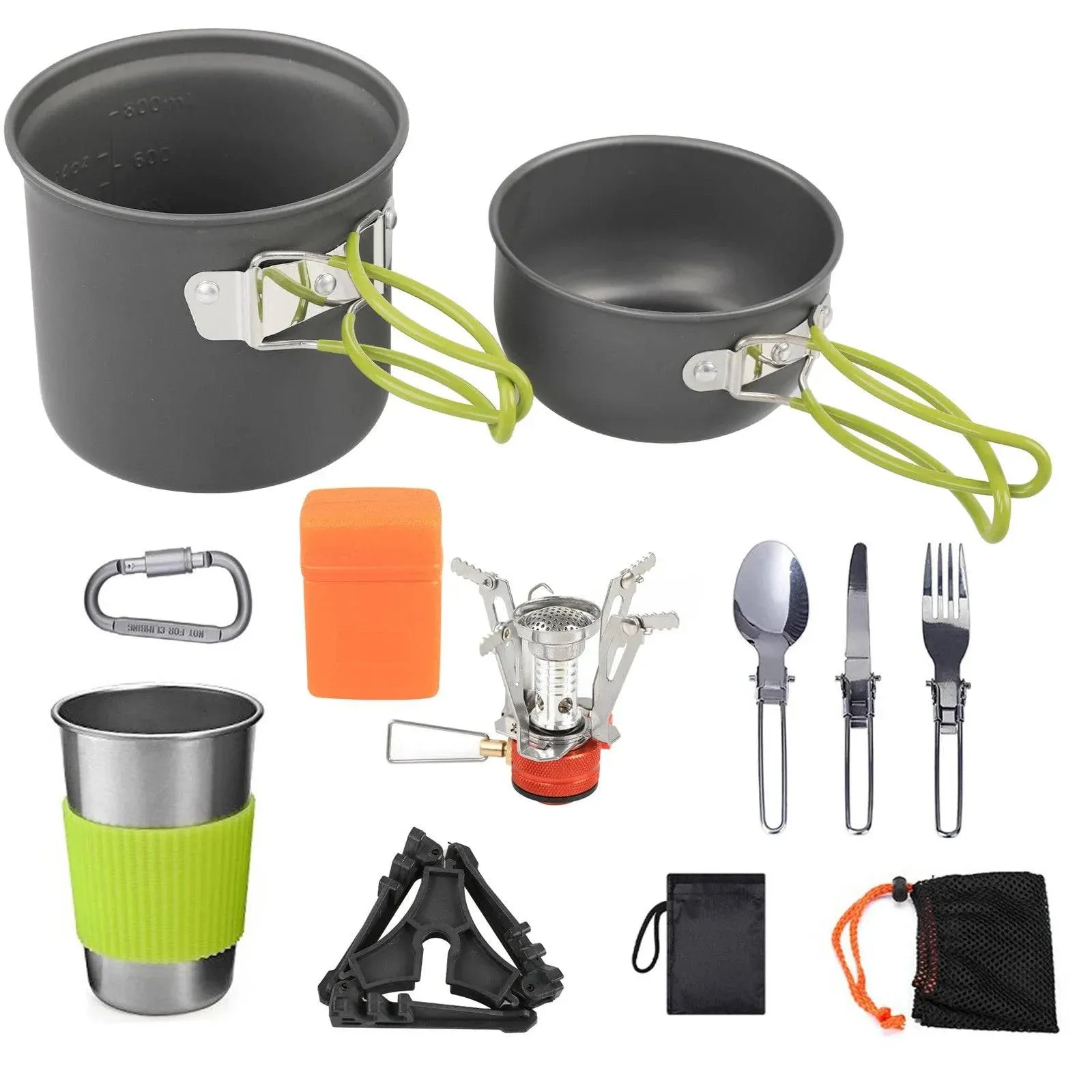 Camping Cookware Mess Kit 1-2 Person Portable Pot and Frying Pan Cup Fork Spoon Set for Camping Hiking Picnic
