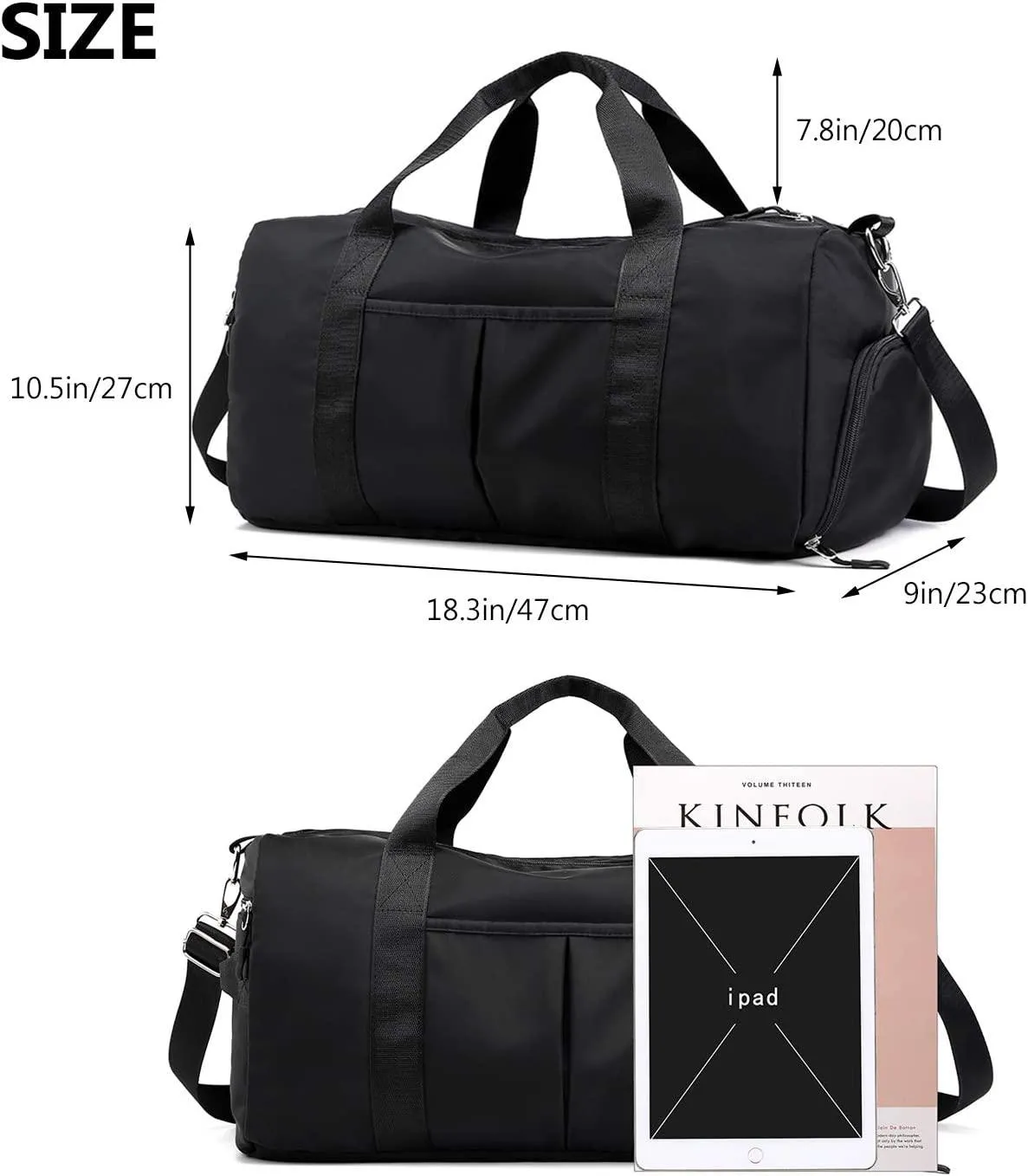 Forestfish Sports Gym Bag Travel Duffel Bag with Dry Wet Pocket & Shoes Compartment for Women and Men, Black (Black) - EA001-01