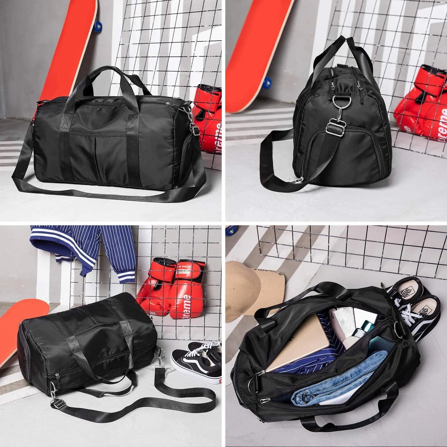 Forestfish Sports Gym Bag Travel Duffel Bag with Dry Wet Pocket & Shoes Compartment for Women and Men, Black (Black) - EA001-01