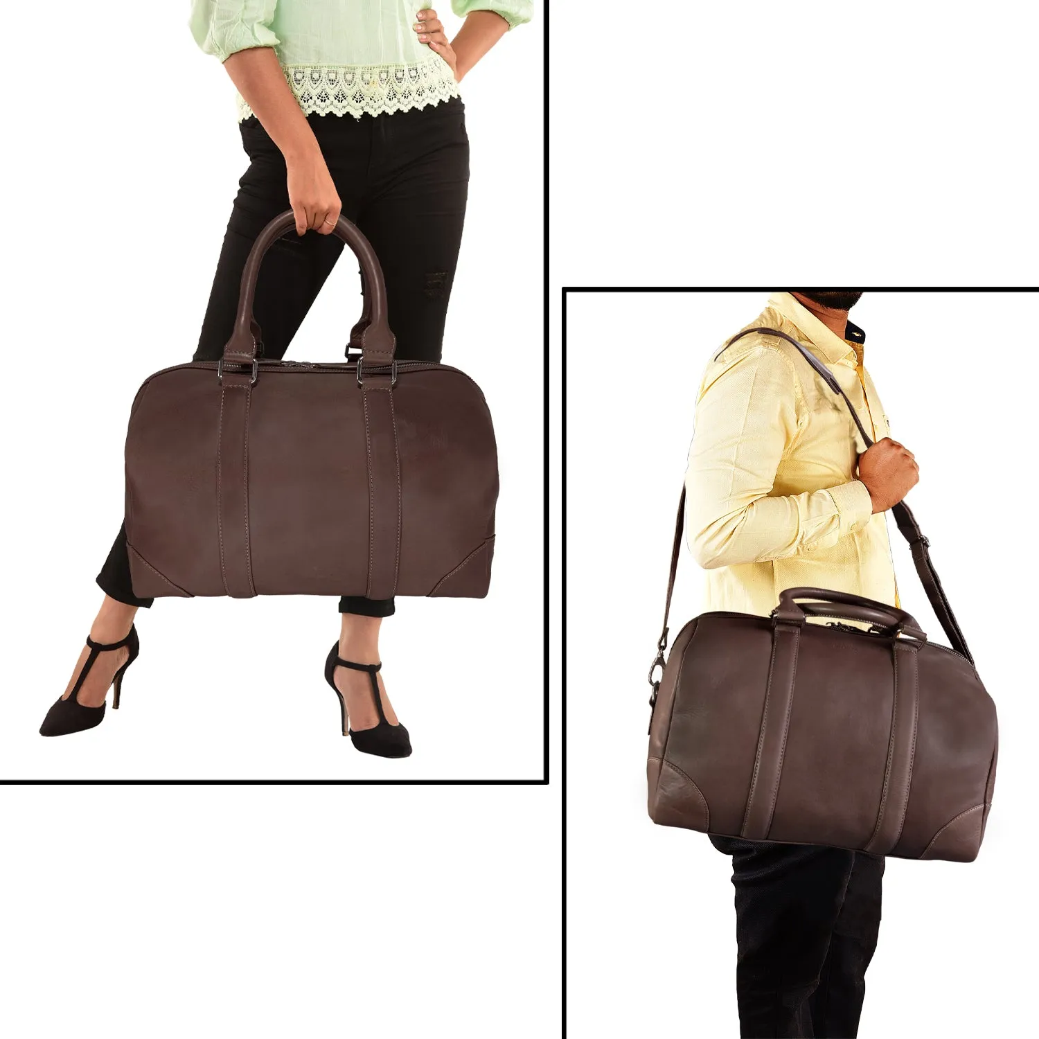 MANDAVA Genuine Leather Unisex Travel Duffel Bag, Shoulder Weekender Overnight Luggage Bag (Taupe)