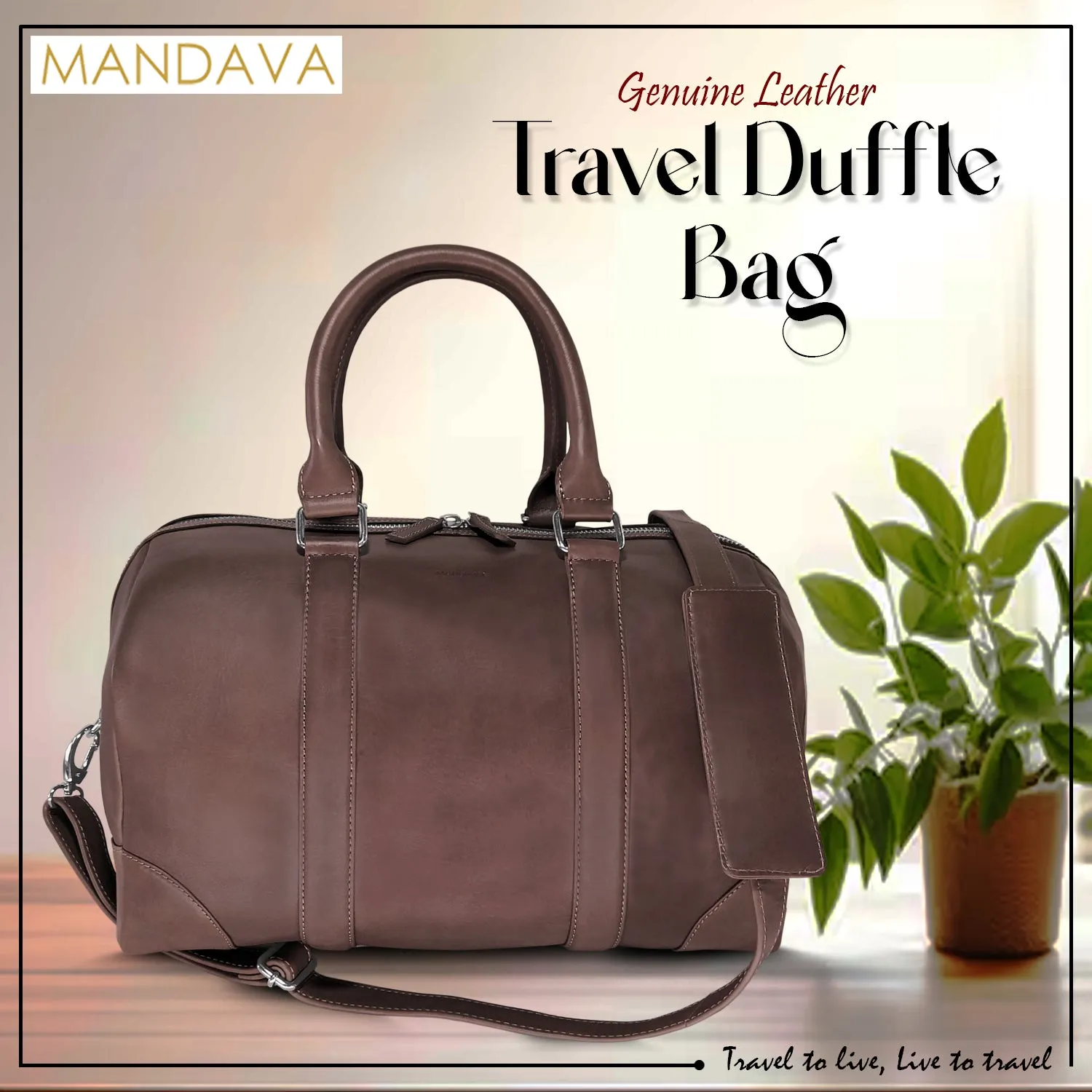 MANDAVA Genuine Leather Unisex Travel Duffel Bag, Shoulder Weekender Overnight Luggage Bag (Taupe)