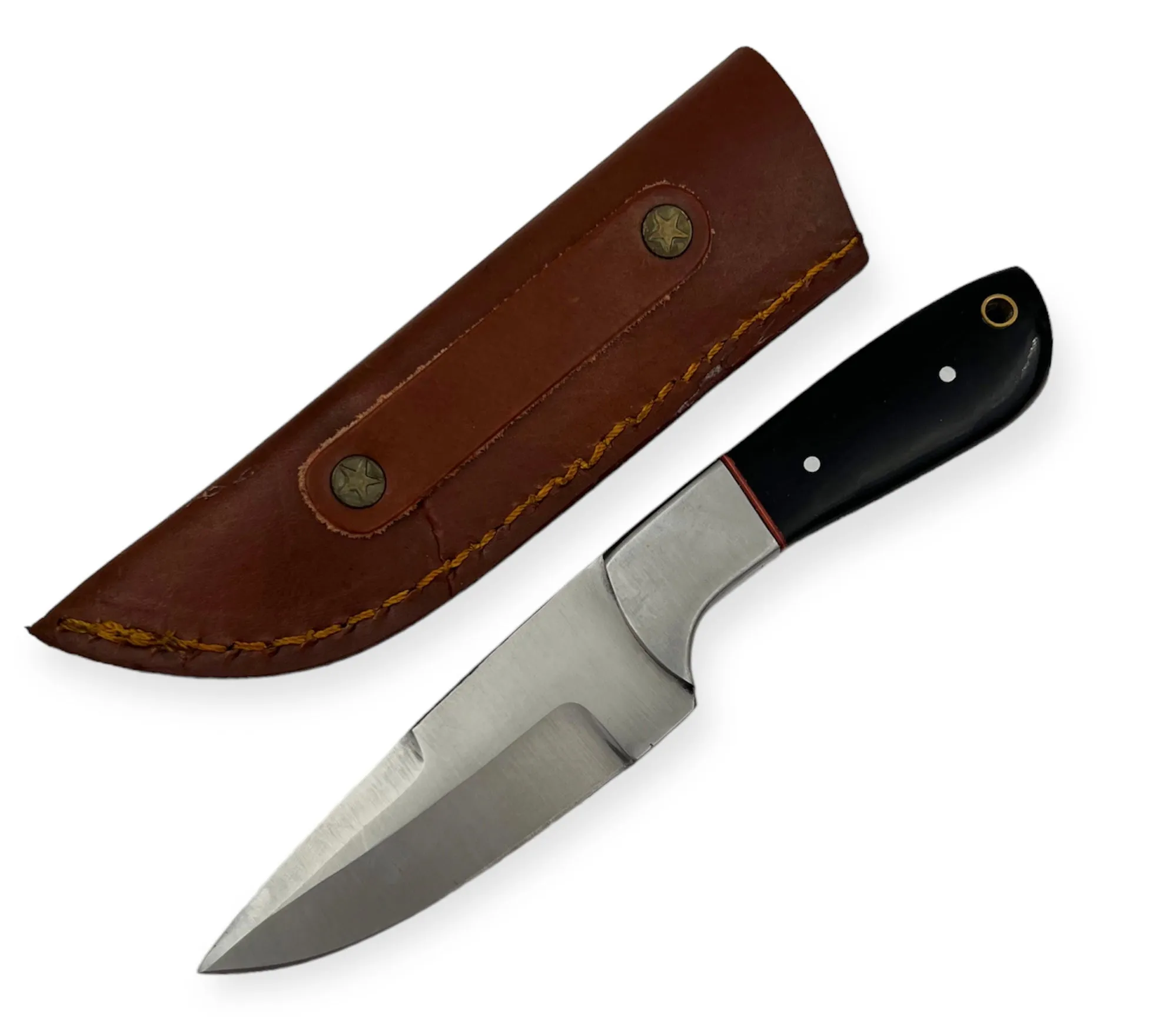 Red Deer PC-118 Hunting Knife | 7.5" Black Fixed Blade w/ Leather Sheath